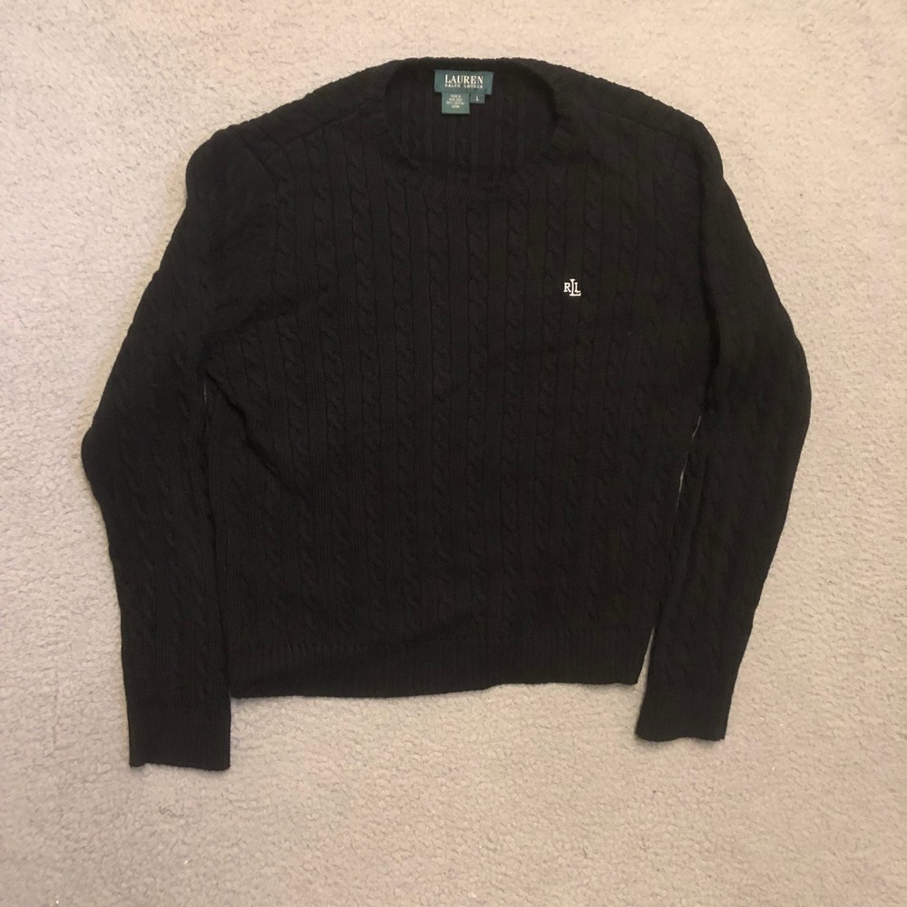 VTG Lauren Ralph Lauren Black Cable Knit Cotton Sweater Style L Preppy